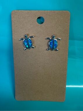 925 Sterling Silver Blue Opal Sea Turtle Stud Earrings